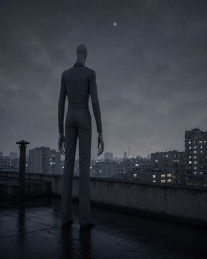 A tall slender figure in a field uniform seen from behind on a night rooftop, looking up at one bright star.