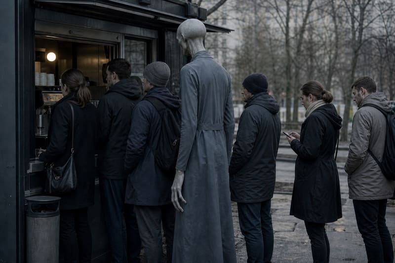 Surveillance photo: a queue at a coffee kiosk; one very tall figure stands unnoticed among the people.