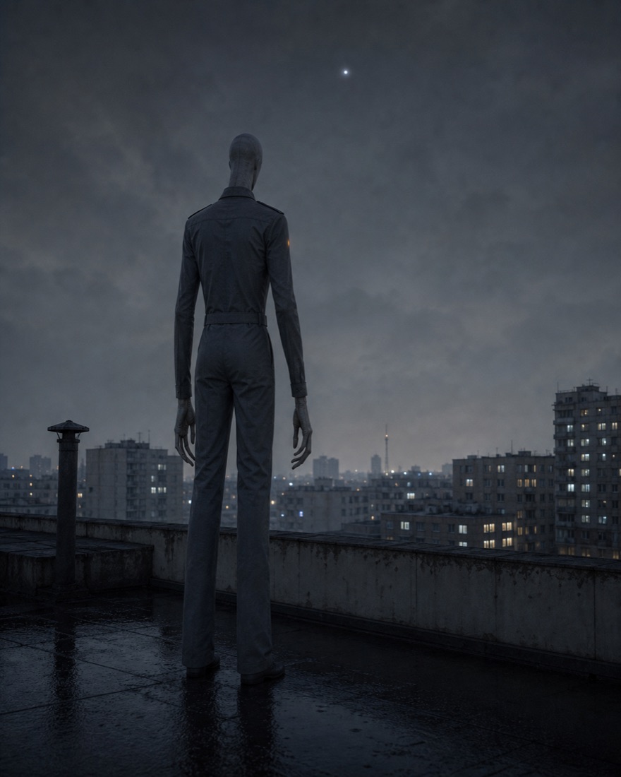 A tall slender figure in a field uniform seen from behind on a night rooftop, looking up at one bright star.