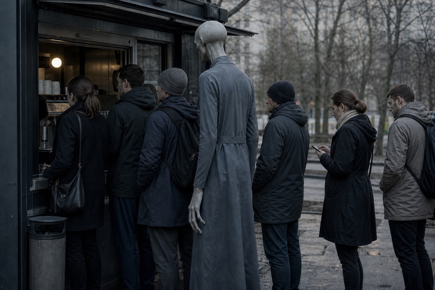 Surveillance photo: a queue at a coffee kiosk; one very tall figure stands unnoticed among the people.